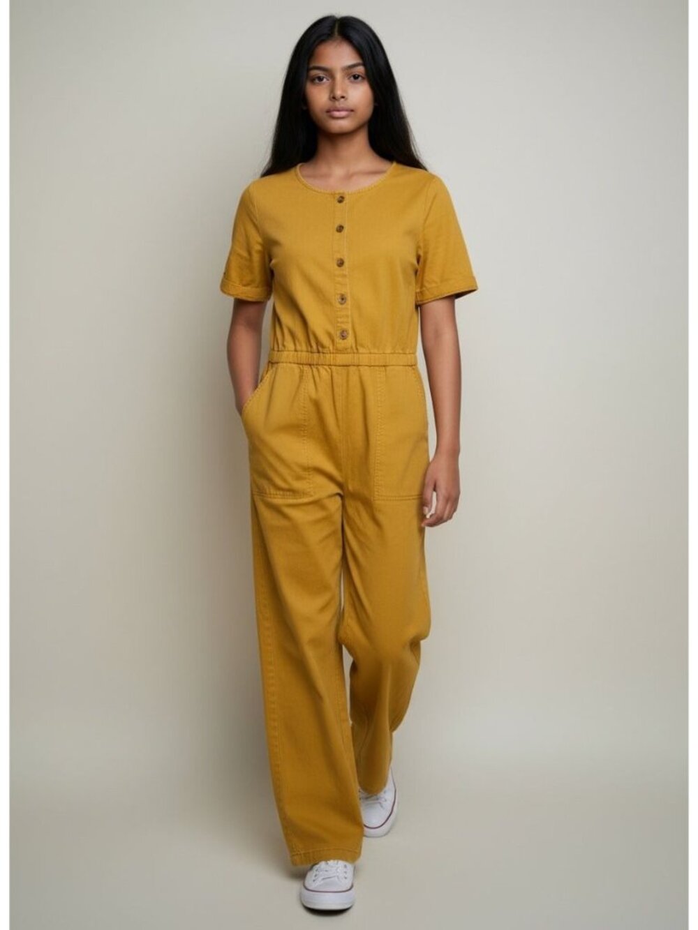 Old Navy Mustard Yellow Womens Jumpsuit With Elastic Waist & Button Detail